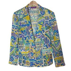 Morado Lightweight Colorful Abstract Pattern Jeweled Button Knit Blazer Size S